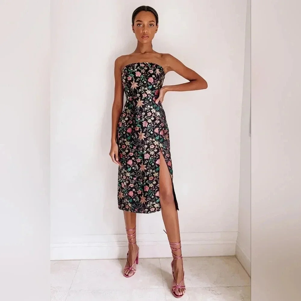 Lulu's Make a Move Black Satin Floral Jacquard Strapless Midi Dress Party - Picture 2 of 10